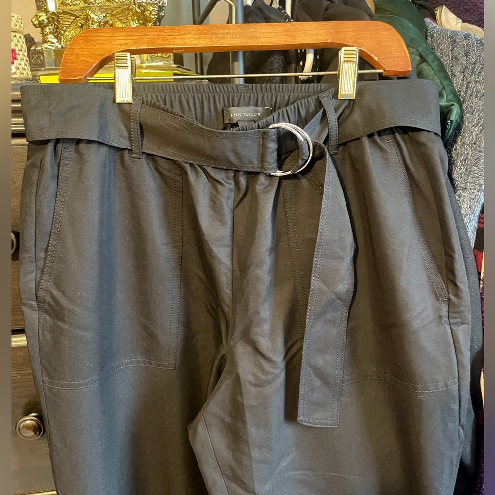 Anne Taylor belted black ankle pant size 12. Straight leg, cuffed hem, pull on.